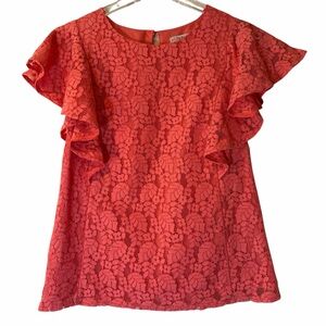 Merona Coral Pink Lace Floral Blouse Top Short Flutter Sleeve Women S